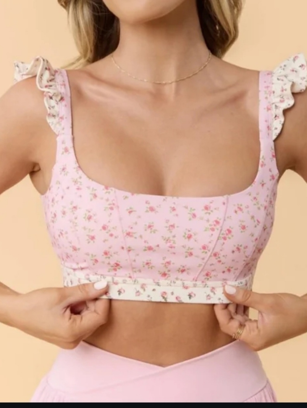 Blogilates Women's Ruffle Corset Sports Bra - Pink Floral XS